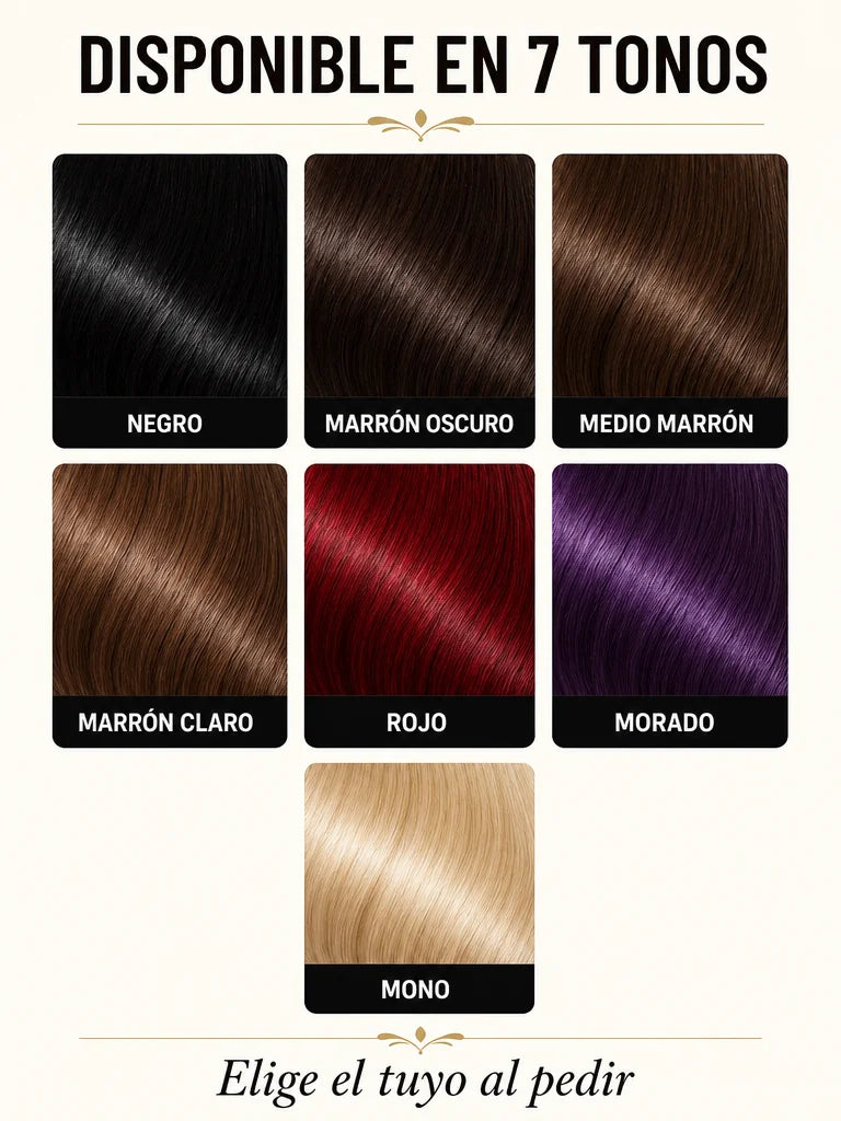 Disponible en 7 tonos: negro, marrón oscuro, medio marrón, marrón claro, rojo, morado, mono