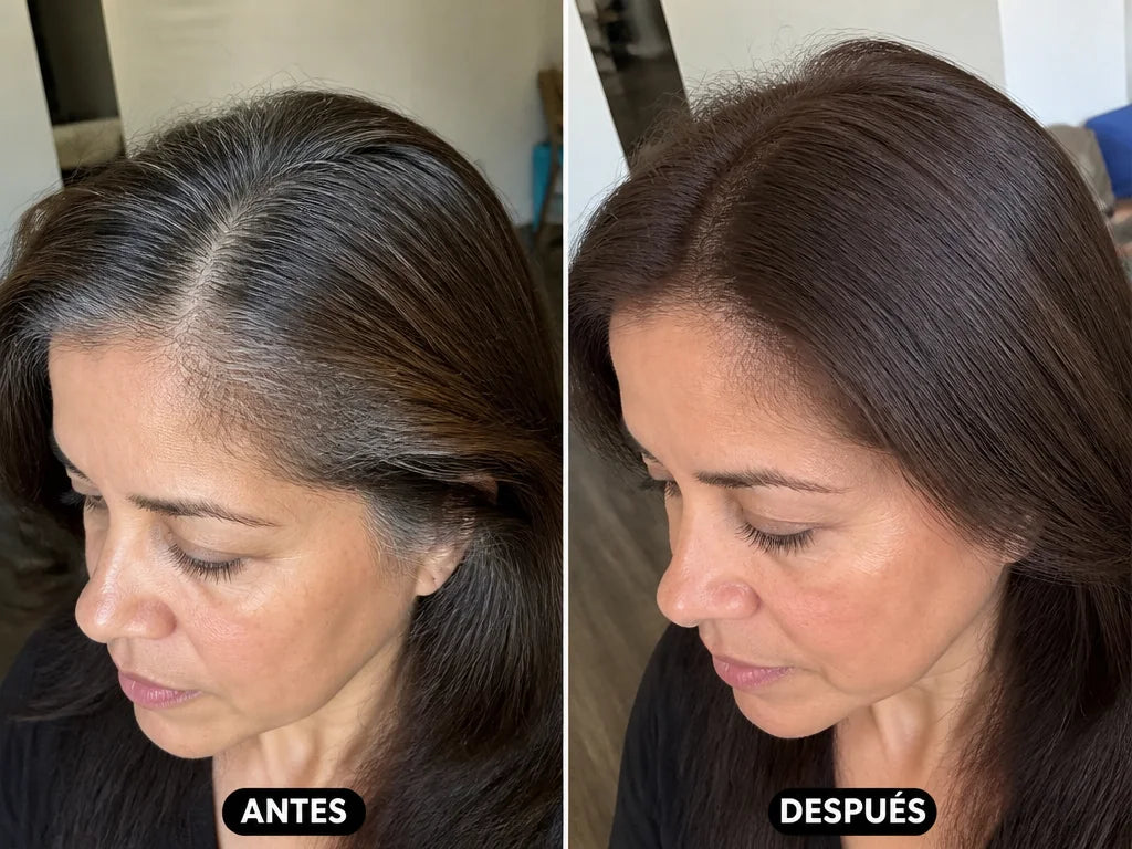 Antes: canas y línea de raíz. Después: color uniforme sin raíz