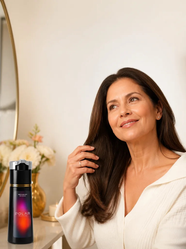 Mujer con cabello castaño natural, canas cubiertas